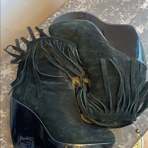 Made in Italy Platform Black Suede Fringe Booties - Picture 2 of 10